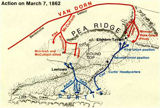 Map showing Van Dorn's overall strategy to attack the Curtis and his Union army in the rear at Pea Ridge