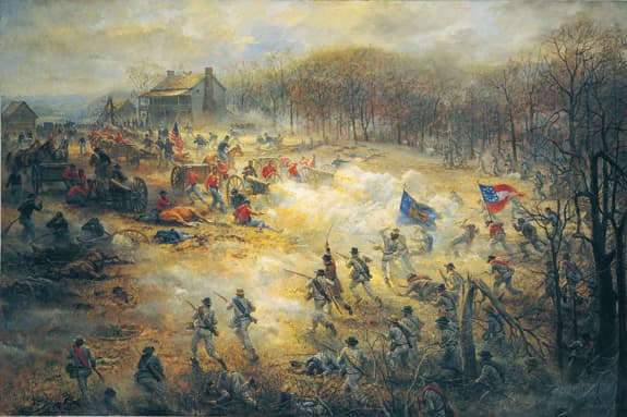 On the Battery. In this highly detailed painting by present-day artist Andy Thomas, Union and Confederate forces engaged in fierce combat near Elkhorn Tavern in the late afternoon of the first day of battle at Pea Ridge, March 7, 1862.