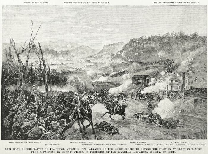 The last hour of battle March 8,1862. General Price and his Confederates were driven from Elk Horn Tavern by Union forces.