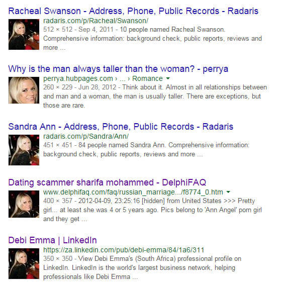 By searching the image, one can see how many others have used the same image. A sure clue of a scam.