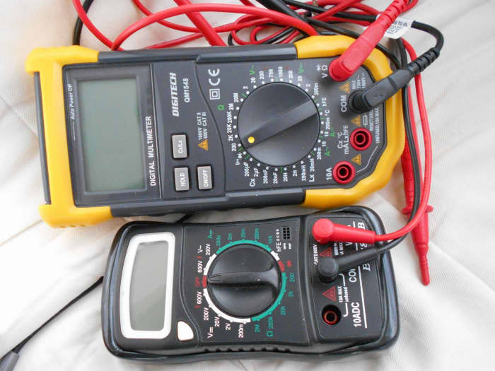 Multimeters are essential tools. The big multimeter costs $49 while the smaller one is just $10. Both are just as good for measuring voltage and current. A must-have for an electronics hobbyist.