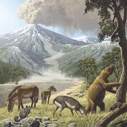 Tinguiririca's fauna shortly before burial: (from left to right) the rodent Eoviscaccia, the notoungulates Eomorphippus, Santiagorothia, and Archaeotypotherium, the ground sloth Pseudoglyptodon, and the marsupial Klohnia. Art by Raúl Martín.
