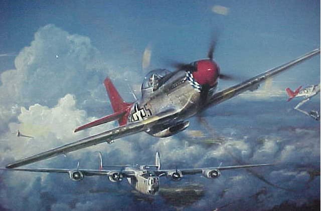 Luke J. Weathers, Jr. and his fellow Tuskegee Airmen flew "Red Tail" planes, similar to the one in this painting, as they protected US bombers during WWII.