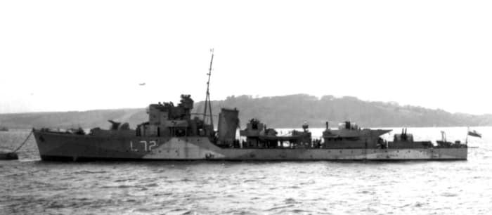 Royal Navy Hunt class escort destroyer HMS 'Brocklesby' covered the withdrawal from Green Beach