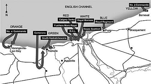 The Dieppe raid and the beach assignments, 19th August, 1942 - Pourville is just to the left of Dieppe