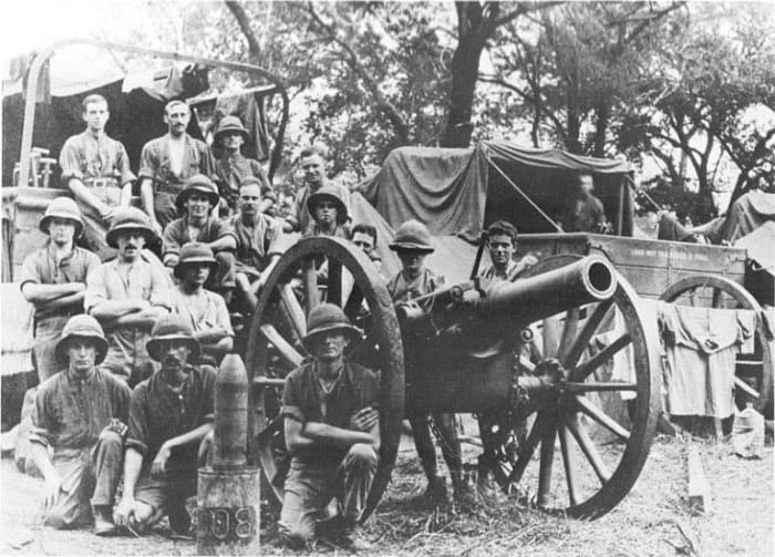 BL 5.4 inch Howitzer and crew, East Africa, 1916 or 1917. Photo courtesy of SANDF Archives, from Nöthling, C J (ed), "Ultima Ratio Regum: Artillery History of South Africa" 1987