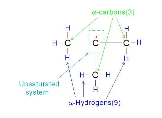 In tertiary butyl free radical, middle carbon bearing odd electron is called unsaturated system and 3 carbon atoms joined with it are called alpha carbons. Nine hydrogen atoms joined with each alpha carbon are called alpha hydrogen.