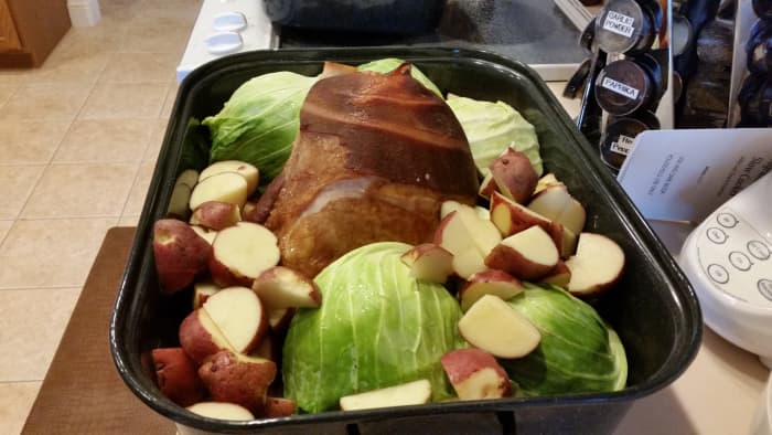 The day before, I cooked a New England boiled dinner (ham, cabbage, potatoes, carrots, green beans, onions). I saved the liquid from this to use in the bean soup the next day. The broth from this is flavored by the ham and the vegetables.