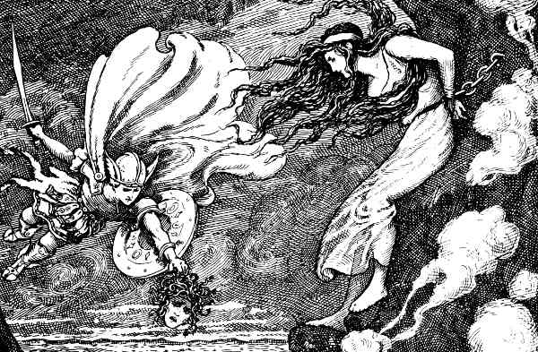 Here we show a portion of 'Perseus and Andromeda' - a design by Frank C Pape from his suite prepared for "Fifty-Two Stories of Classic Heroes" (1910).