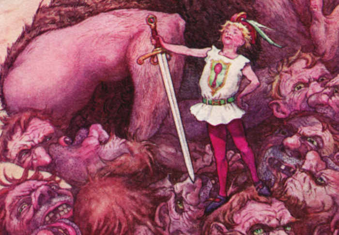 Here we show a portion of 'Lillekort with his magic sword struck off the fifteen heads at one blow' - it is from the suite prepared by Frank C Pape published in ''The Diamond Fairy Book' (1911).
