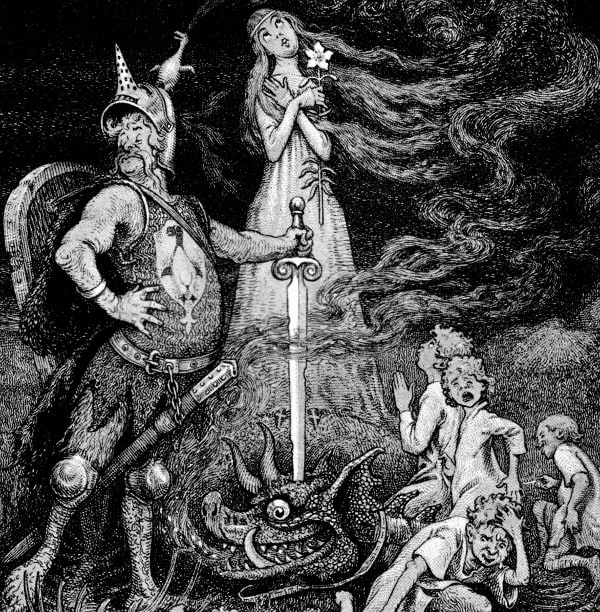 Here we show a portion of 'Now that the Monster is Dead I am the Dragon' - it is from the suite prepared by Frank C Pape published in "Penguin Island" (1925).