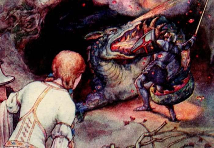Here we show 'Una and the Dwarf watch the encounter between the Red Cross Knight and the Dragon' - a design by Frank C Pape from his suite prepared for "The Gateway to Spenser: Stories from the Faerie Queen" (1910).