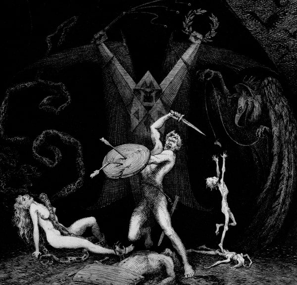Here we show a portion of 'War, Pestilence and Famine entered the circle' - it is from the suite prepared by Frank C Pape published in "The Revolt of the Angels" (1924).