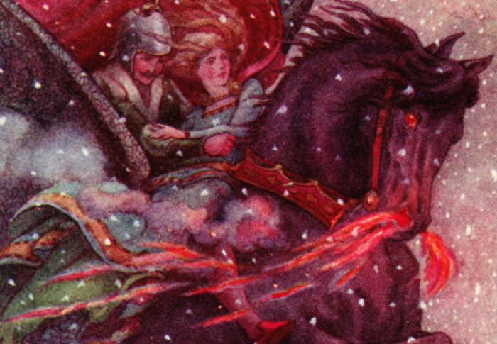 Here we show a portion of 'The Horse rose high into the air' - it is from the suite prepared by Frank C Pape published in ''The Golden Fairy Book' (1911).