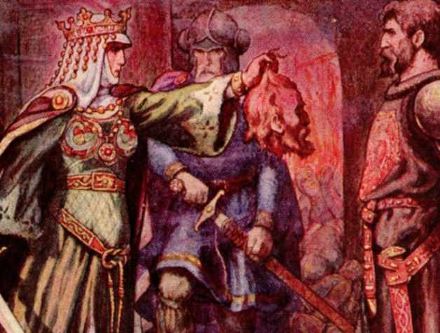 Here we show a portion of 'How Kriemhild outfaced Hagan' - it is from the suite prepared by Frank C Pape published in ''Siegfried and Kriemhild'' (1912).
