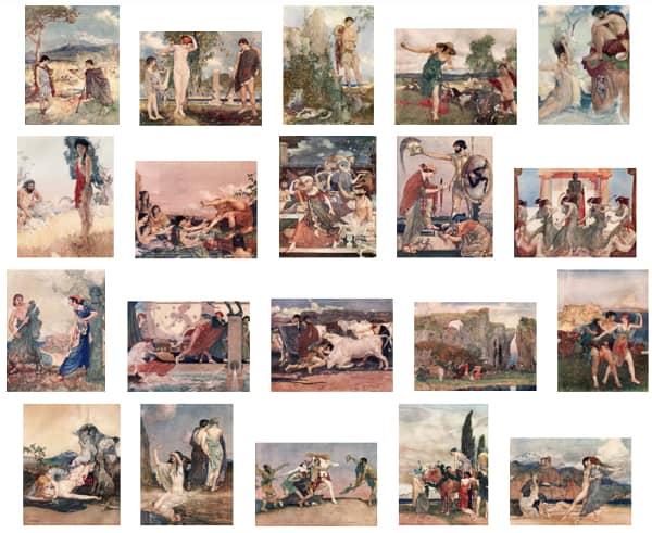 Here we show each of William Russell Flint's color illustrations published in "Theocritus, Bion and Moschus" (1922).