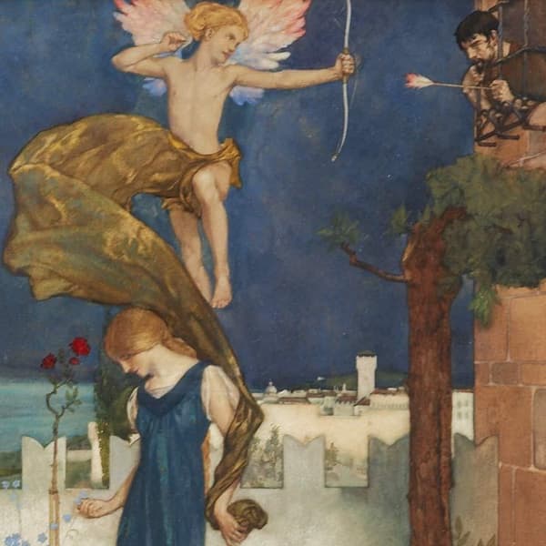 Here we show a portion of one of the three designs for 'The Knightes Tale' - it is from the William Russell Flint suite published in "The Canterbury Tales of Geoffrey Chaucer" (1913).