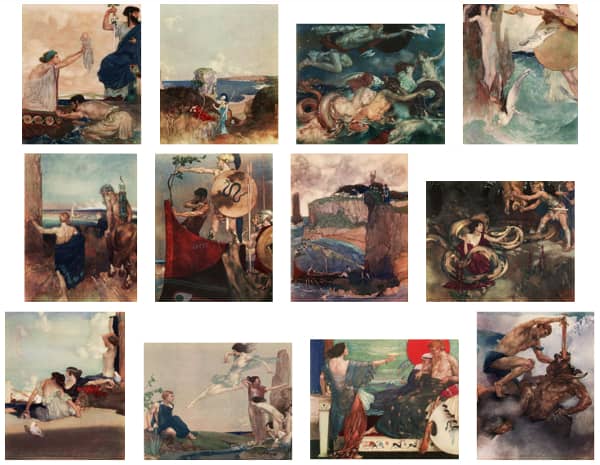 Here we show each of William Russell Flint's color illustrations published in "The Heroes; or, Greek Fairy Tales for My Children" (1912).