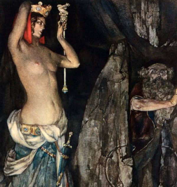 Here we show a portion of 'So by her subtle working she made Merlin to go under that stone ...' - it is from the William Russell Flint suite published in "Le Morte d'Arthur: The Book of King Arthur and his Noble Knights of the Round Table" (1910-11).