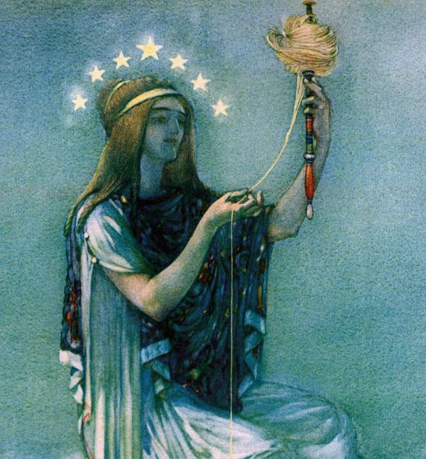 Here we show a portion of 'Willingly give thyself up to Clotho ...' - it is from the suite by William Russell Flint published in "The Thoughts of the Emperor Marcus Aurelius Antoninus" (1909).