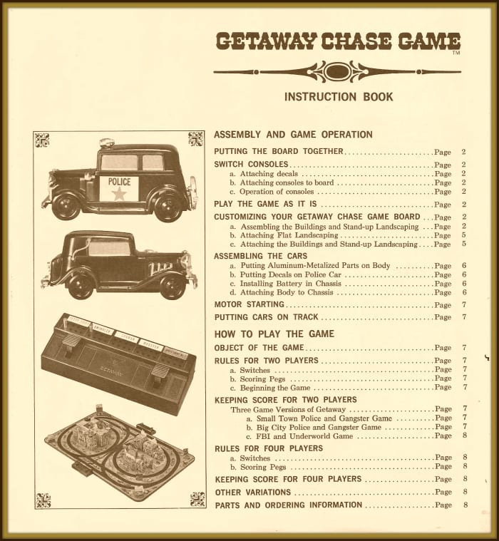 Instruction Book for the Getaway Chase Game was very cool. The game was made by the American Machine and Foundry Company AMF WEN-MAG Division, 11500 Tennessee Avenue, Los Angeles, California 90064