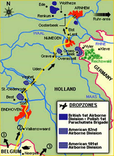 XXX Corps' route north from Belgium would first pass 82nd, then 101st US Airborne drop zones before heading to relieve British 1st Airborne at Arnhem - the 'Bridge Too Far'