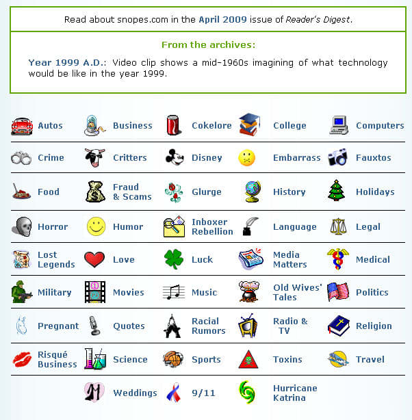 screen shot from Snopes.com of various categories covered under fact-checking site. Originally posted at computers4seniors.org
