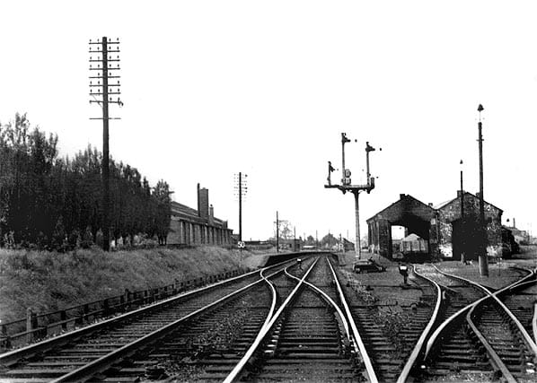 The emergency low level platforms seen next to the motive power depot (51J) in 1955, early British Railways days, when thirteen steam locomotives were shedded here