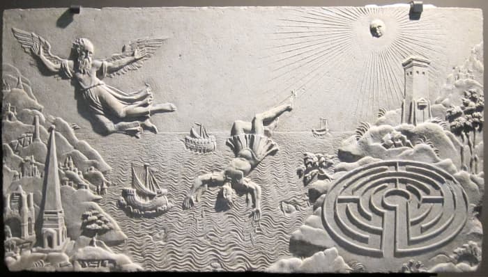 The Fall of Icarus (1700): 17th-century relief with a Cretan labyrinth bottom right (Musée Antoine Vivenel)
