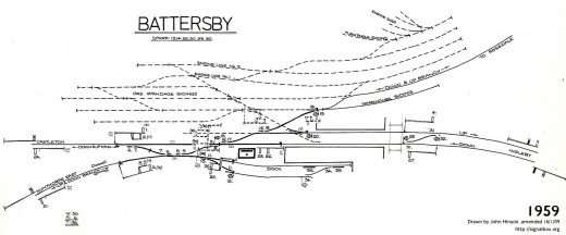 Battersby Station diagram in 1959. The exchange sidings for the Rosedale Railway mineral wagons have been lifted although still marked by dashes