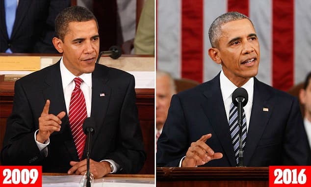 The above pictures show how much Barack Obama aged since he began his first term in 2009. The 47-year-old commander-in-chief had jet-black hair, smooth skin, and only minor wrinkles. Leaving office at 55, he shows how much the presidency has aged him