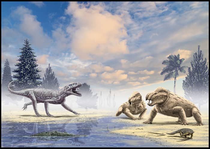 Triassic Morocco scene by Alain Beneteau, in which an Arganasuchus (left) meets two Moghreberia (right). In the foreground, a phytosaur lies in wait (left) and an aetosaur crawls along the shore (right).