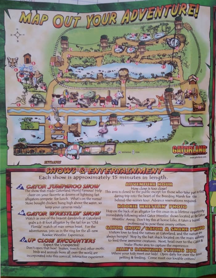 The map of Gatorland. This gives you an idea of the shows and scenes you will see there.