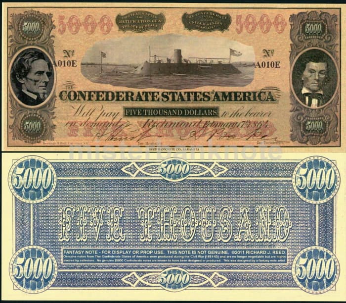 This is a Confederate $5000 fantasy art note 1864 / 2011 CSS Virginia, Jefferson Davis, and Stephens on the front.