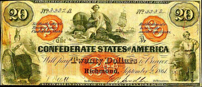 This is a 1862 $20.00 Confederate Banknote, One of many creative Designs that year ... Each state in the Confederacy produce large numbers of creative designs for the banks to distribute to the population.