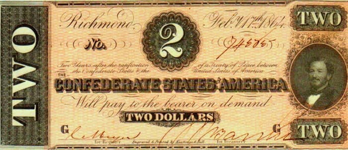 A 1864 Two Dollar Confederate States of America Currency. With Judah P. Benjamin to the right on the front of the bill.