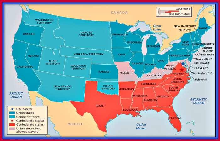 1861 Map of the Confederate States and the United States, The Confederate States are in red, the Union states are in blue ...