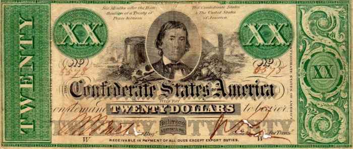 $20.00 CSA Currency. Alexander Stephens, with barrel, cotton bales, etc. in the background. Issued from June 28, 1862 through November 15, 1862.