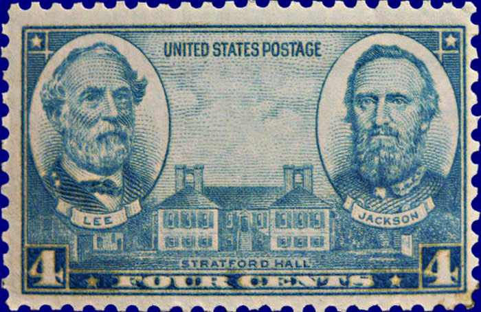 1937 Four Cent United States Stamp wit Lee and Jackson & Strafford Hall ... U.S. #788 was part of a 10-stamp series that commemorated Army and Navy heroes of the United States. This stamp has General Lee and General Jackson of the CSA