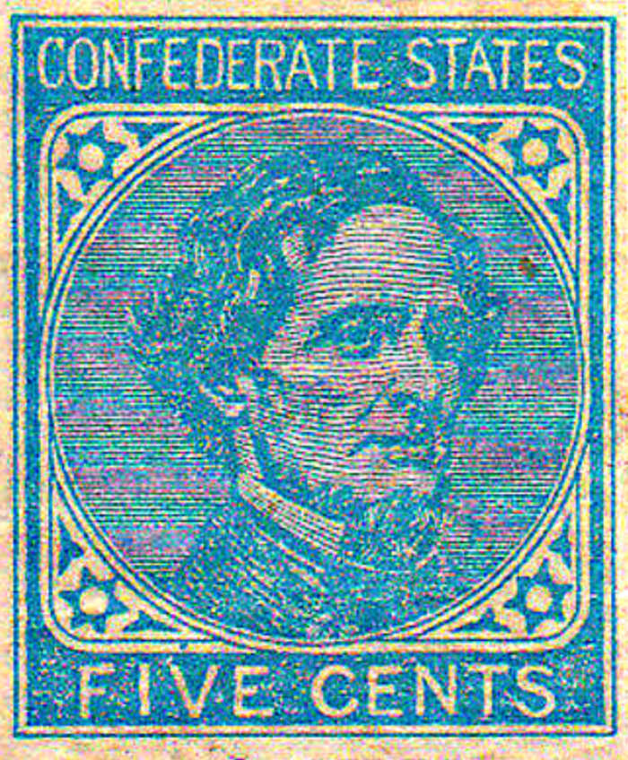 A 1862 Confederate States of America Five Cent stamp. Portrait of Confederate President Jefferson Davis.
