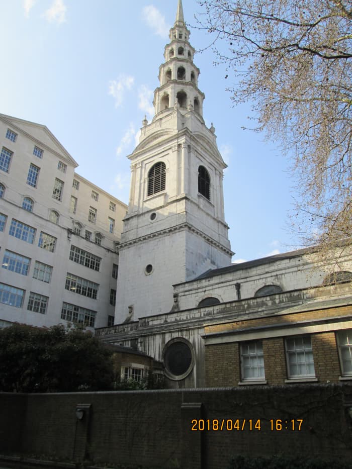 With its 'wedding cake' tower, St Bride's was the newspapermen's church - see text below. Hit on the same night as St Paul's also suffered minor damage, the 7th Century Saxon crypt wall was revealed