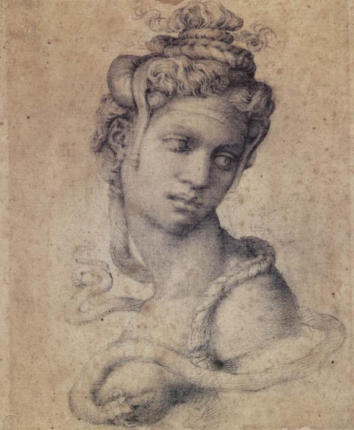 Michelangelo's depiction of Cleopatra. She is seen here with a snake wrapped around her shoulders. The snake was a symbol of Egypt as well as her rumored cause of death.