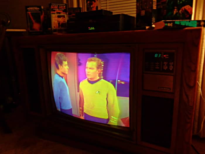 Adjusted the Colors, and they Are Popping on the 1985 Curtis Mathes ... Spock and Kirk are bright and beautiful again on the 1985 Curtis Mathes color television console, model K2658RL. It feels like the 1960s again, what amazing soft pastels.