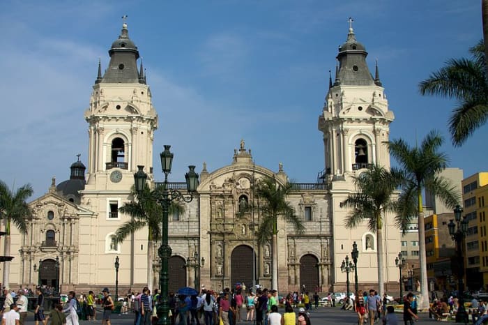 The legacy of the Spanish Empire is reflected in the widespread Spanish language and also in architecture. This is the Cathedral of Lima, Peru that was originally constructed by the Spanish.