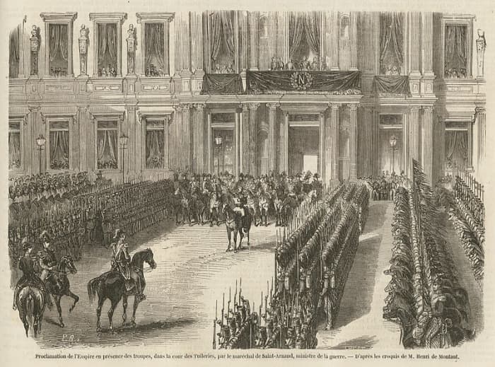 A painting depicting the official declaration of the Second French Empire on the 2nd December 1852 at the Hotel de Ville, Paris.