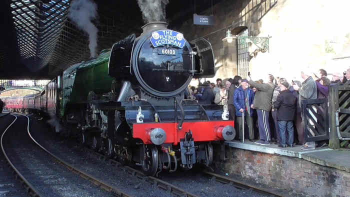 'Flying Scotsman', 60103 to friends, arrives at Pickering in March 2016 with a crowd of eager onlookers on and around the platform