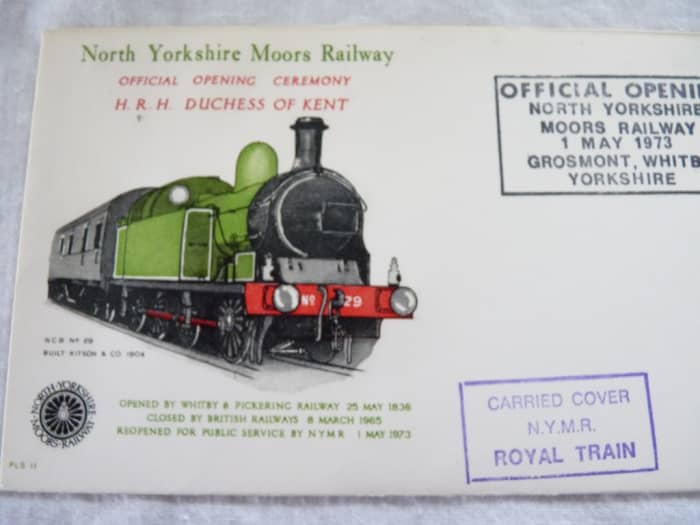 First day cover, official opening of the North York Moors Railway by the Duchess of Kent, 1st May, 1973. She was accompanied by Lord Normanby, Lord Lieutenant of North Yorkshire when she arrived by car in Pickering