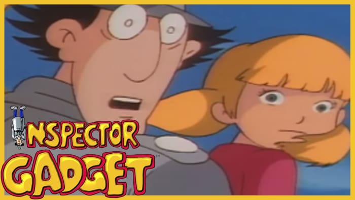 Inspector Gadget in this photo is expressing his fear because a huge snowball is headed towards him and his niece Penny.