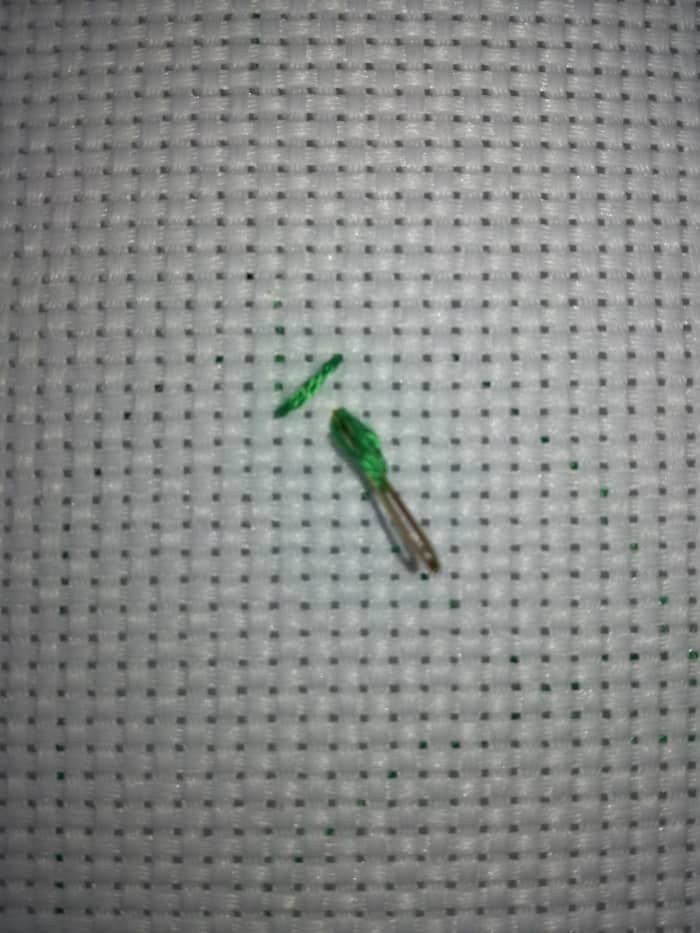 Image 4. Instead of bringing the tip of your needle through the fabric from behind, bring the eye of the needle through. This reduces twisting in the thread.