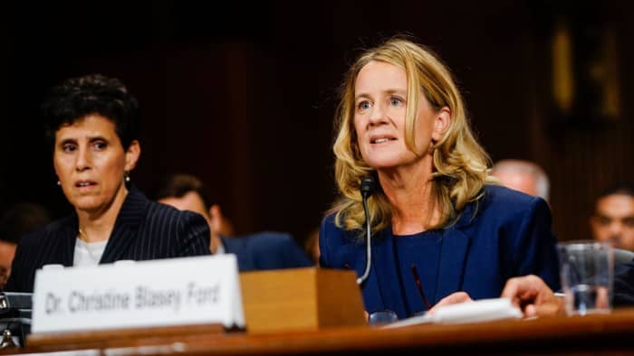 Kavanaugh's accuser, Dr. Christine Blasey Ford, testifying before the Senate Judiciary Committee on September 27, 2018